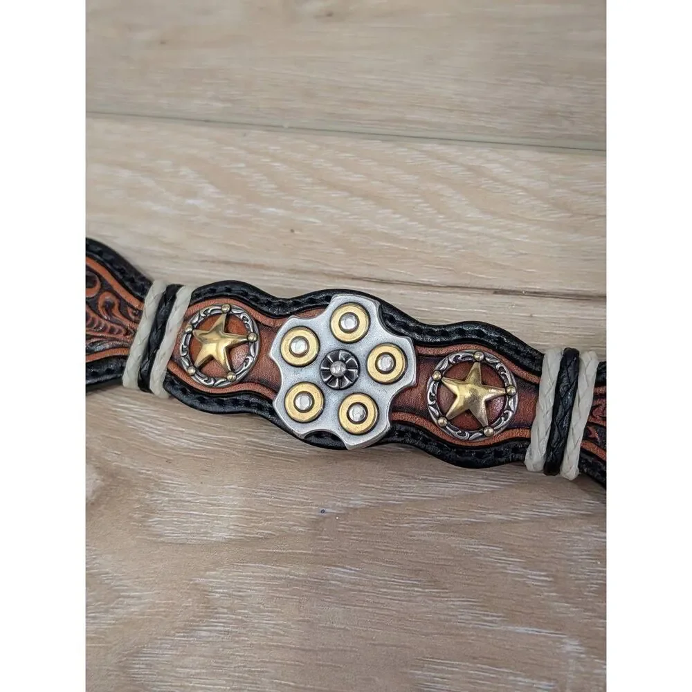 Silver Creek Tooled Leather Belt Western Sheriff Star Revolver Concho Sz 34